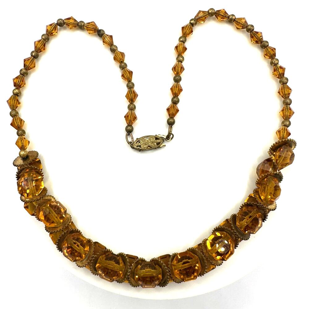Antique Art Deco amber topaz Czech glass rondelles beaded 16” chain necklace